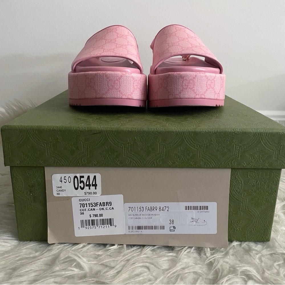 Gucci Angelina Pink GG Supreme Coated Canvas  Slingback Platform Sandals 38 - Picture 3 of 16